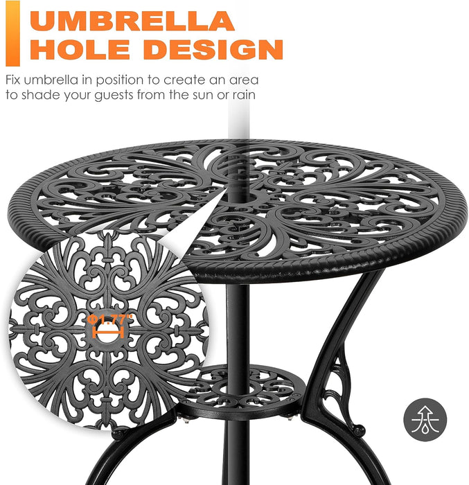 3 Piece Outdoor Bistro Table Set, All Weather Cast Aluminum Patio Bistro Sets Patio Table and Chairs Set of 2 with Umbrella Hole for Yard, Garden, Balcony, Black