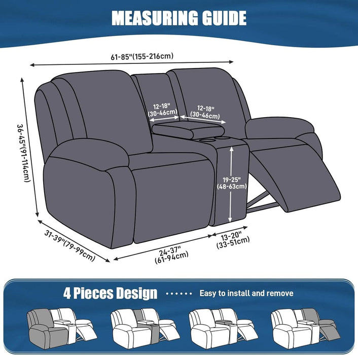 Reclining Loveseat with Middle Console Slipcover, 4 Piece Polyester Fabric Stretch Loveseat Reclining Sofa Covers (Dark Gray, 2 Seat Recliner Cover with Console)