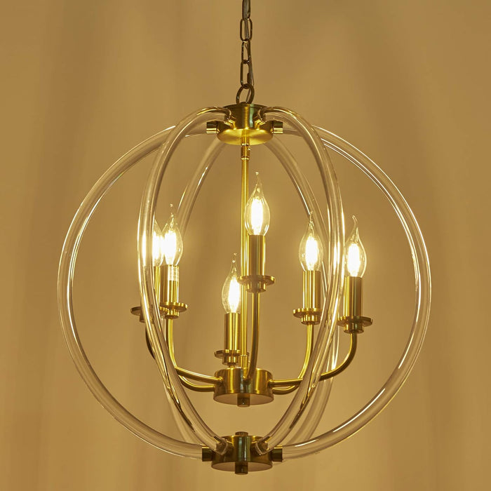 Six Globular Pendant Chandelier Acrylic Brass Finish