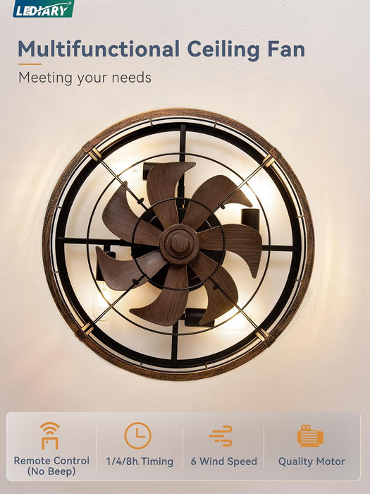 23" Black Gold Caged Low Profile Ceiling Fan with Light and Remote