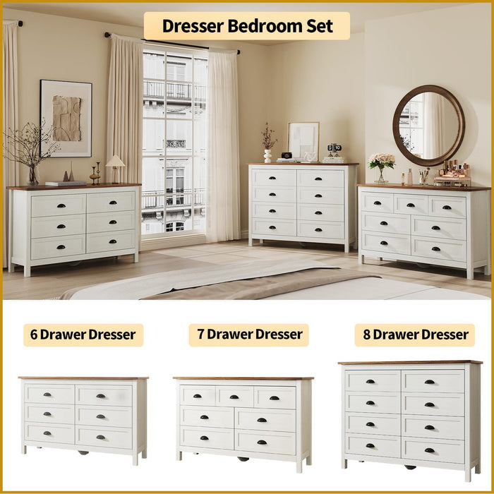 Farmhouse White Dresser for Bedroom, 8 Drawers Dresser