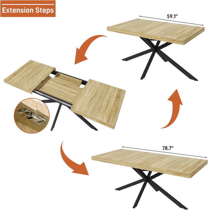 59In-78Inch Extendable Rectangular Dining Table for 6 8 People, Wood Long Dining Room Table W/Removable Leaves,Space Saving,Modern Dinner Table W/Waterproof Tabletop&Metal Legs for Kitchen Living Room