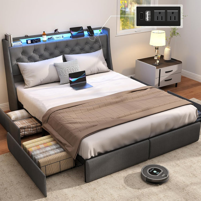 Queen Bed Frame with Storage Headboard and 4 Drawer, Metal Platform Bed Frame Queen Size with LED Light, Charging Station, No Box Spring Needed, Noise Free, Easy Assembly, Grey