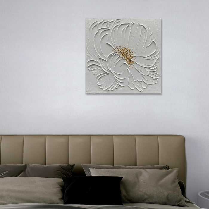 Art 24X24 Inches Hand-Painted White Textured Flower Oil Painting. Modern Abstract Art. Suitable for Decoration on Walls of Living Room, Bedroom or Office