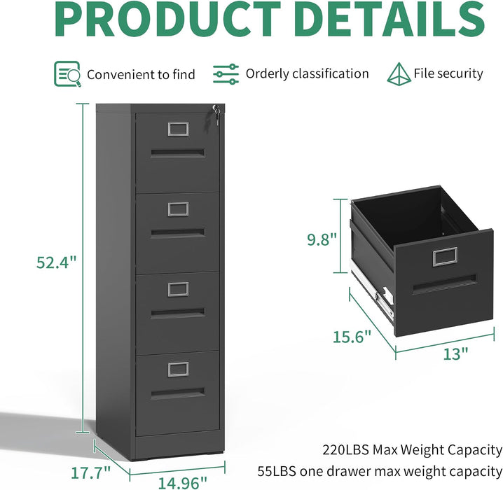 4 Drawer File Cabinet, Vertical File Cabinets with Lock for Home Office,Heavy Duty Office Steel Filing Cabinet for Hanging Letters/Legal/A4, Assembly Required (Black)