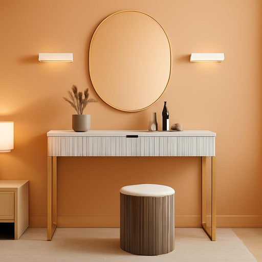 Elegant Modern Desk, 2 Drawers, Gold Legs, 43.3X15.75 Inches, Home Office, Makeup Vanity, Computer, Writing, Study, Entryway, Sofa Table