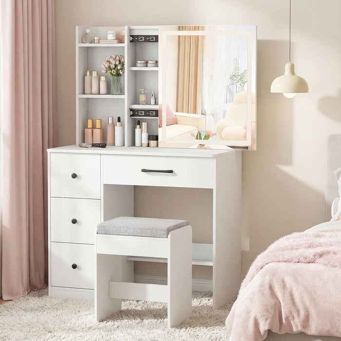 38" Vanity Desk with Lighted Sliding Mirror, Adjustable LED Lighting, Hidden Storage, 4 Drawers & 3 Shelves, Cushioned Stool, Modern Makeup Vanity Dressing Table Set for Bedroom, White