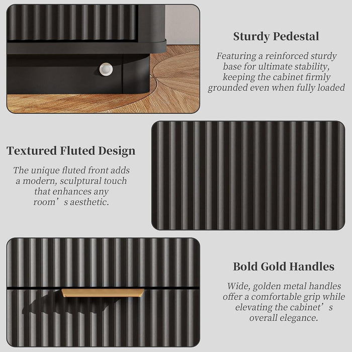 Fluted Dresser for Bedroom with 6 Drawers, 54" Wide Modern Chest of Drawers with Lighting, Wooden Dresser TV Stand with Curved Edges, Closet Organizer for Living Room, Hallway, Black