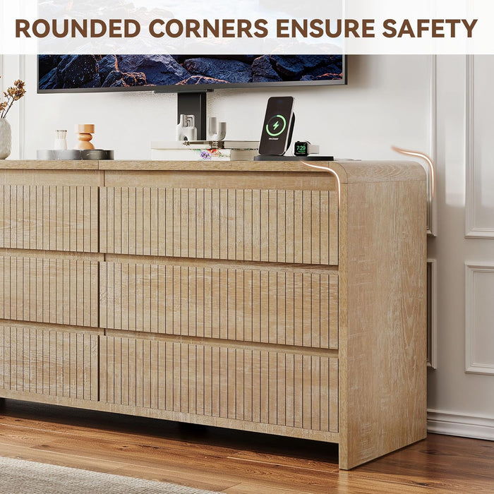 6 Drawers TV Stand with Mount for 26''-75'' Tvs, 53 Inch Entertainment Center W/Power Outlet, Curved Profile Design, Height Adjustable, Media Console with Drawer for Living Room, Natural Oak