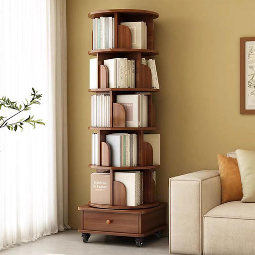 6 Tier Rotating Bookshelf with Drawers on Wheel, 360° Display Spinning Corner Book Shelf Tower, Narrow Tall Bookshelves, Small Revolving Bookcase, Wooden Book Shelf Standing Storage Rack