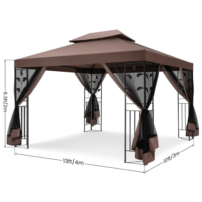 10' X 13' Pop up Gazebo, Screened Patio Gazebo, Outdoor Steel Double Roof Canopy Tent, Metal Frame Canopy with Mosquito Netting, Sunshade for Garden, Lawns, Brown