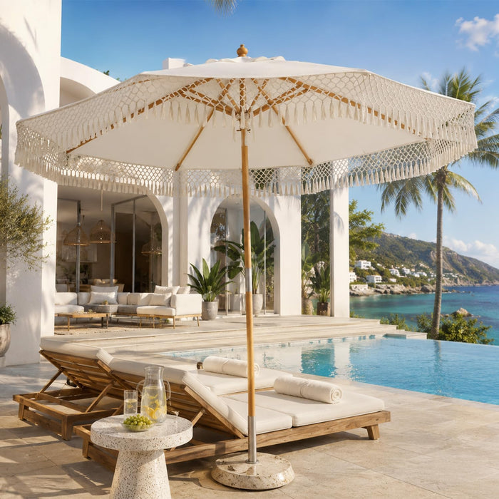 8.5Ft Luxury Premium Boho Patio Umbrella Wood Pole Fancy Bali-Style Outdoor Umbrellas UPF 50+ Sun Protection with Pulley Lift Air Vent Tassel Fringe for Garden, Pool, Deck, Beach, Backyard, Events