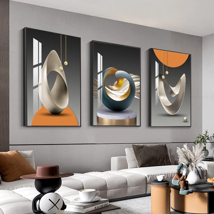 Bright Style Framed Wall Art - Abstract Modern Shape Pattern in White, Blue, Yellow, Grey - Artfully Matching Living Room, Bedroom, Office Decor - 16"X 24"X 3 Panels