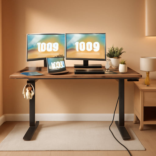 Electric Standing Desk 55 X 24In with Charging Station, Stand up Desk with Oversized Mouse Pad, 2 USB Ports & 3 Power Outlets, 4 Caster, 4 Preset Heights Easy to Set（Brown）