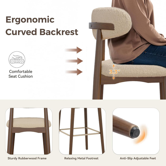 Counter Height Bar Stools, Solid Wood Barstools,30.5" Set of 3 | Curved Back & Metal Footrest,Premium Fabric Upholstered Mid Century Modern Bar-Chairs for Kitchen Island, Oatmeal