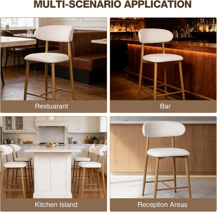 Counter Height Bar Stools Set of 3, Upholstered Counter Stools Modern Barstools with Metal Legs for Kitchen Island Dining Room, Wood-Grain