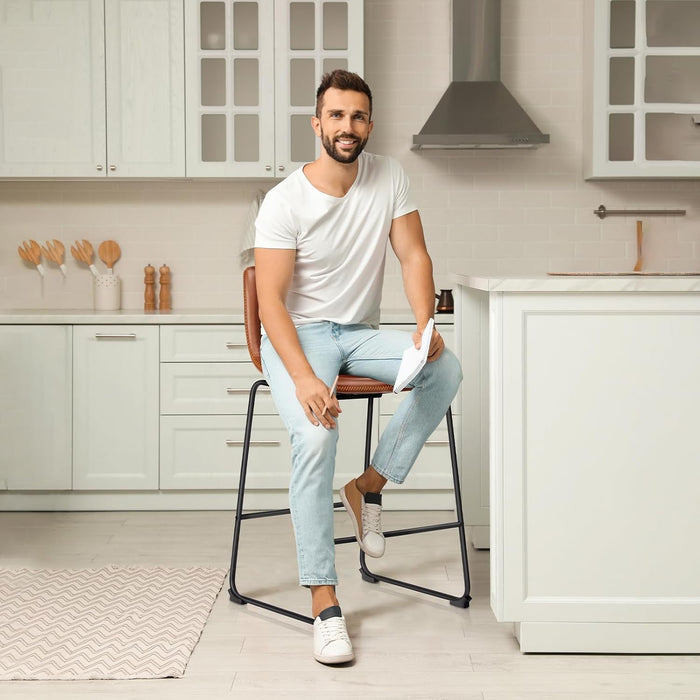 26 Inch Counter Height Bar Stools Set of 4, Modern Faux Leather High Barstools with Back and Metal Leg, Bar Chairs for Kitchen Lsland, Brown