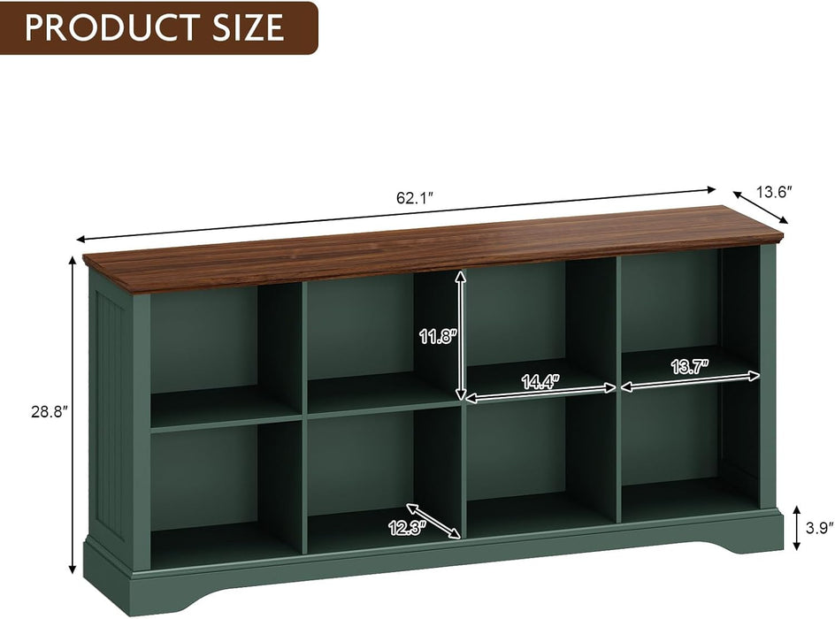 8 Cube Storage Organizer, 62" Long Low Horizontal Bookshelf, Green | 3 Tier Horizontal Bookcase, Wood Open Book Shelf, Farmhouse Cubby Storage, Wide Console Cabinet, Living Room, Entryway,Office