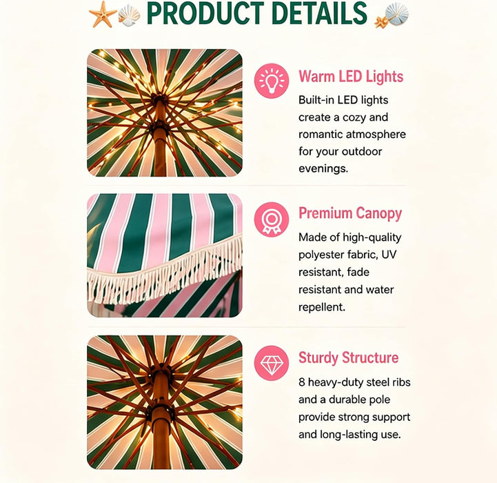 Fringe Patio Umbrella with Solar Powered String Lights, Boho Patio Umbrella for Outdoor, Garden, Deck, Pool, Push Button Tilt Pole