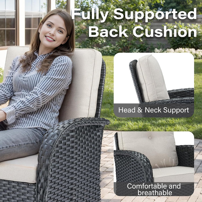 3 Pieces Black Wicker Patio Furniture Outdoor Swivel Rocker Patio Glider Chairs Set of 2 with Side Table Beige Cushion
