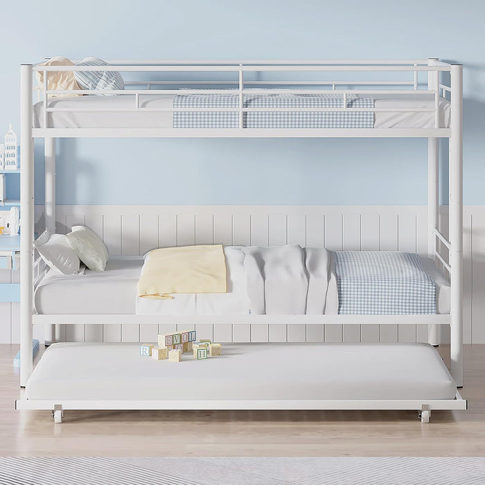 Bunk Bed Twin over Twin with Trundle, Metal Bunkbeds with Ladder and Full-Length Guardrail, No Box Spring Needed, Space Saving, Noise Free, White