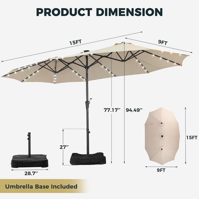 15Ft Double Sided Patio Umbrella with Solar Lights, Outdoor Large Umbrellas with Crank Handle and 48 LED Lights, Rectangular Market Umbrella with Base Included for Deck Pool Shade