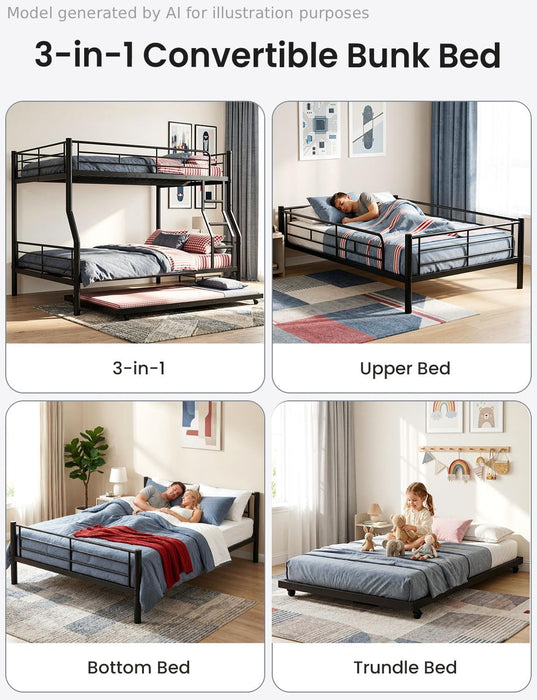 FullXL QueenSize BunkBed Trundle HeavyDuty NoBoxSpring Black
