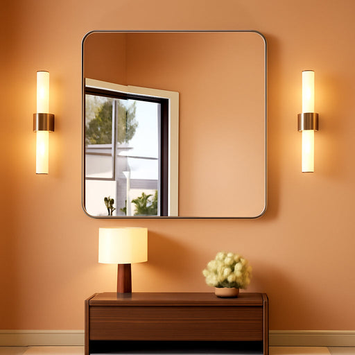 Silver Bathroom Mirror, 42 X 42 Inch Silver Square Mirror, Metal Framed Rectangular Vanity Mirror, Rounded Corner Wall Mounted Mirror for Living Room Bedroom Entryway Hangs Horizontal/Vertical