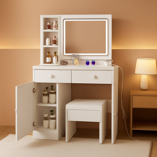 White Vanity Table Set With ExtraLargeStorage Drawers