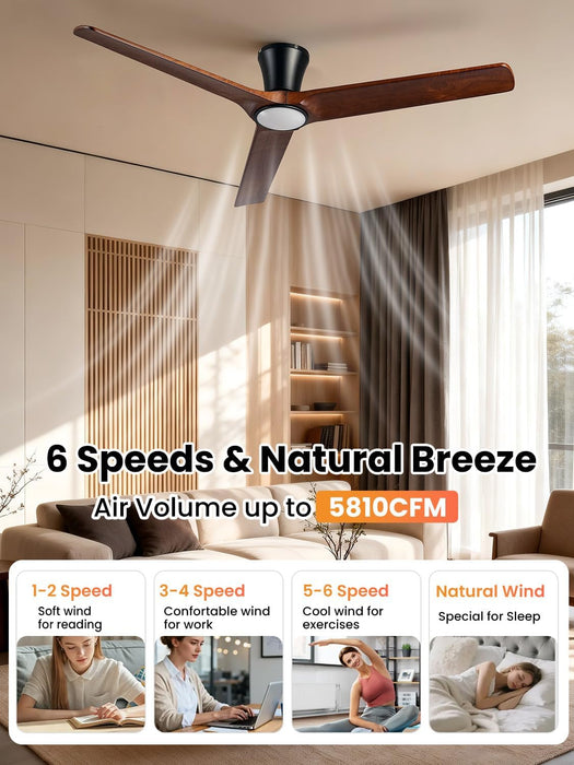 52 Inch Solid Walnut Wooden Ceiling Fan With Remote
