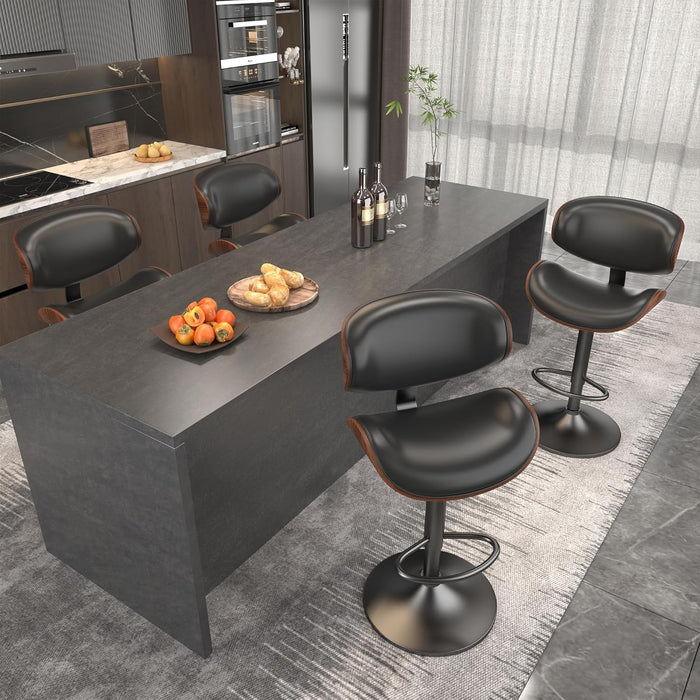 Bar Stools Set of 3, Barstools for Kitchen Island with Bentwood Back and Leather Seat, Swivel Stools for Kitchen Counter, Bar, Pub, Black