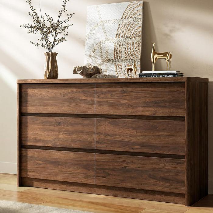6 Drawer Walnut Dresser for Bedroom, 47.2" Wide Modern Chest of Drawers with 6 Large Storage Space with Curved Edge Design, Large Dresser for Bedroom,Walnut