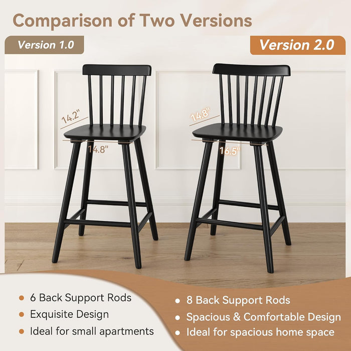Upgraded Windsor Wooden Black Bar Stools Set of 4, 24 Inch Counter Height Barstools with Spindle Back/Bigger Seat for Kitchen Island