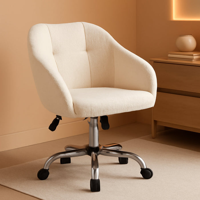Modern Boucle Desk Chair, Makeup Vanity Chair with Adjustable Tilt Angle, Swivel Office Chair Upholstered Armchair Study Chair for Living Room and Makeup Room Ivory