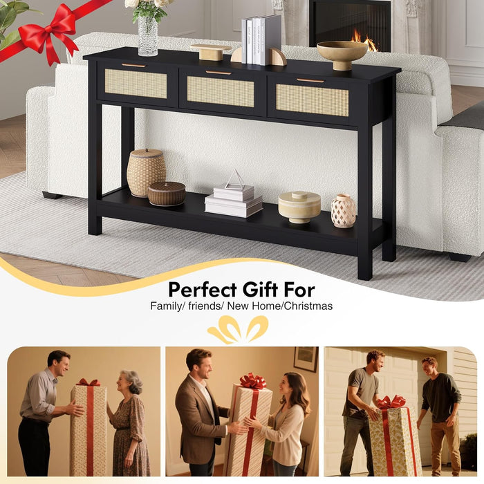 Entryway Console Table with 3 Rattan Drawers - Long Sofa Table behind Couch Modern Fluted Hallway Living Room Storage Cabinet, Entry Table Open Shelf Foyer Furniture, Anti-Tip, Black, 47 Inch