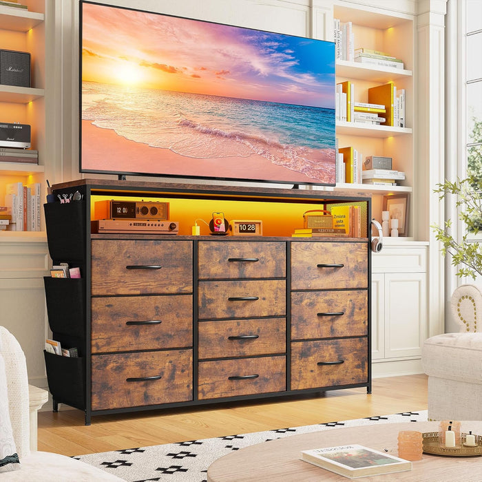 Dresser for Bedroom with 10 Fabric Drawers, Dresser with LED Lights & Power Outlets, 55" TV Stand Dresser with Side Pockets and Wood Open Shelves for Bedroom, Entryway, Rustic Brown