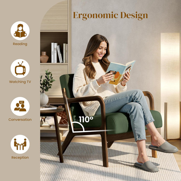 Accent Chair for Living Room, Corduroy Mid Century Modern Reading Armchairs with Lumbar Pillow for Bedroom, Decorative Sofa Chair for Adult Dark Green/Set of 2