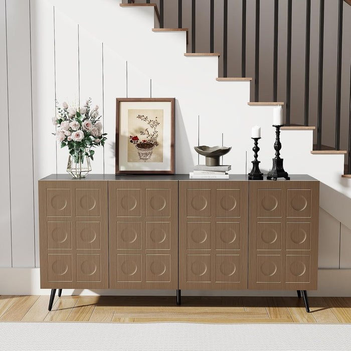 Sideboard Buffet Cabinet with Storage: 63" Black and Oak Mid Century Modern Credenza with 4 Doors, Large Fluted Sideboard Accent Cabinet for Living Room