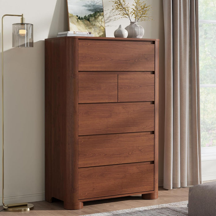 Walnut Dresser for Bedroom with 6 Drawers, 48" Tall Modern Chest of Drawers with Unique Thickened Foot, Rounded Corner Design, Wooden Dresser Organizer for Bedroom, Living Room, Hallway