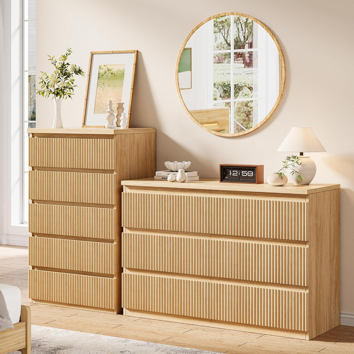 Fluted 5 Drawer Dresser for Bedroom, 43" Tall Dresser for Bedroom, Modern Fluted Chest of Drawers, Handle-Free/Floor-Mounted Wood Drawer Dresser for Living Room, Bedroom, Entryway, Hallway (Oak)