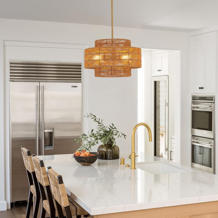 Boho Rattan Chandelier Four Light Fixture Goldtone