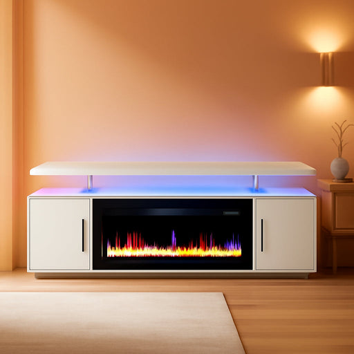 79" TV Stand for Tvs up to 85", LED Light Entertainment Center with 42" Electric Fireplace Heater, Storage Cabinet with USB AC Outlet, Media Console Table for Living Room - Avenue (White)