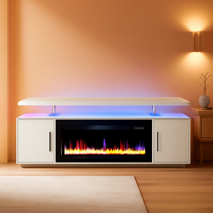 79" TV Stand for Tvs up to 85", LED Light Entertainment Center with 42" Electric Fireplace Heater, Storage Cabinet with USB AC Outlet, Media Console Table for Living Room - Avenue (White)