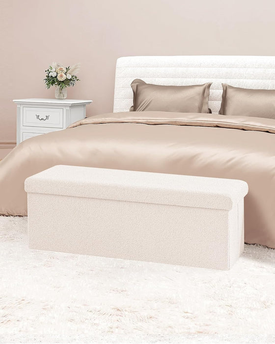 Small Storage Ottoman Cube Sherpa Ottomans Foot Rest, Foldable Boucle Ottoman Bench, Faux Teddy Fur, Cream White 43.3"X15"X15"