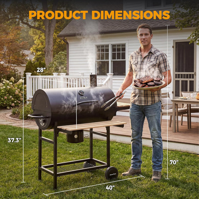 Barrel Charcoal Grill with Foldable Front Wood Shelf, 686 Sq.In. Cooking Area Outdoor Bbq Grill, Thermometer and Adjustable Air Vents for Backyard, Patio, Parties, Tailgating, Black