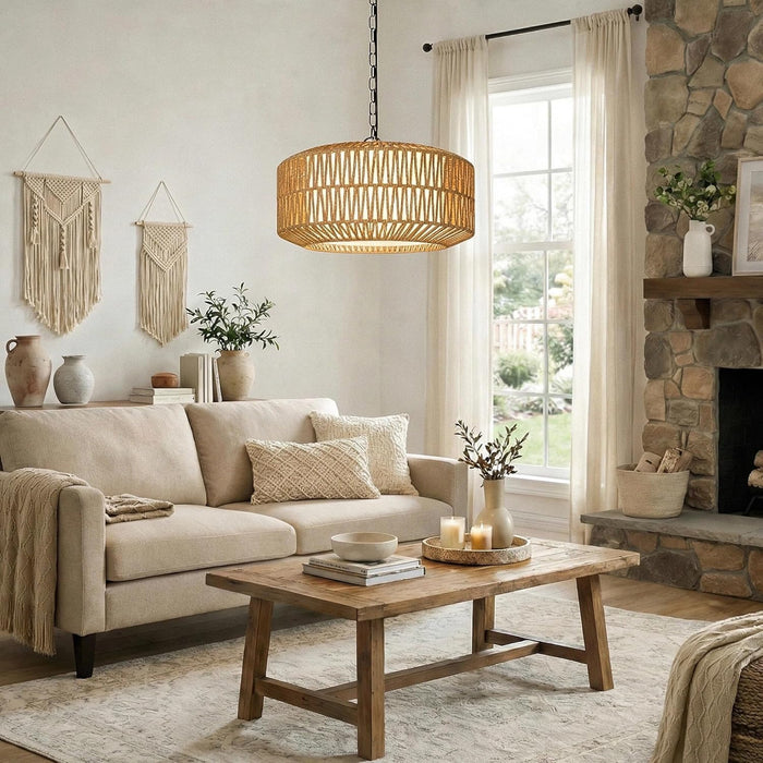 Five Light Rattan Farmhouse Chandelier Linen Shade