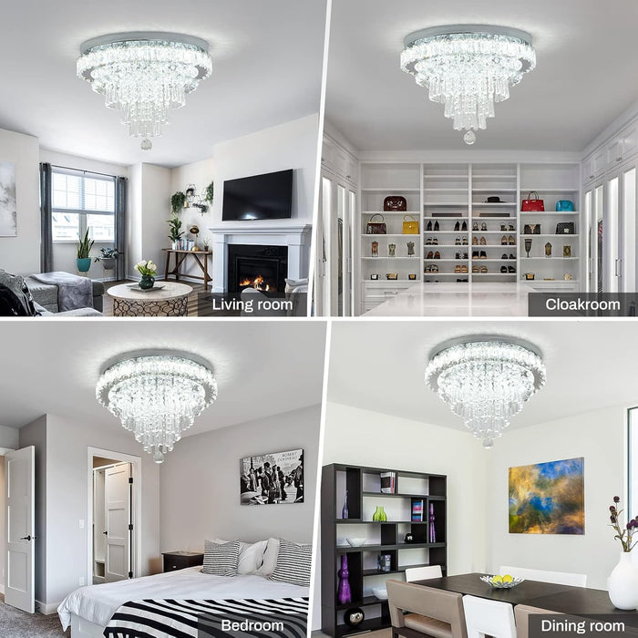 Modern Crystal Chandelier round LED Crystal Ceiling Light Fixtures Flush Mount Chandelier Ceiling Lamp for Living Room Bedrooms Dining Room (6500K Cool White)