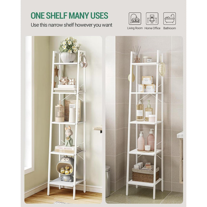 Ladder Shelf, Bookshelf Bookcase, Freestanding Corner Storage Shelve with 2 Hooks for Home Office, Living Room, Kitchen, Bedroom, Industrial, 5-Tier White BC03213W