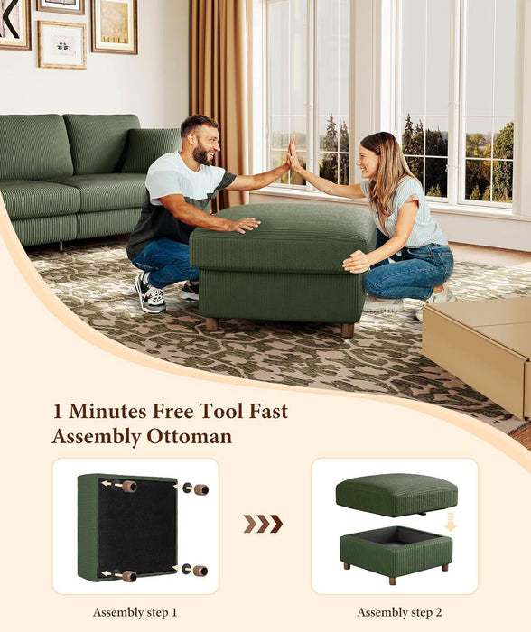 Green Corduroy Storage Ottoman, 25" Large Living Room Ottoman, Tool-Free Setup Ottomans with Storage, Solid Wood Coffee Table, Comfy Bench for Bedroom, Ottomans for Living Room Home Office