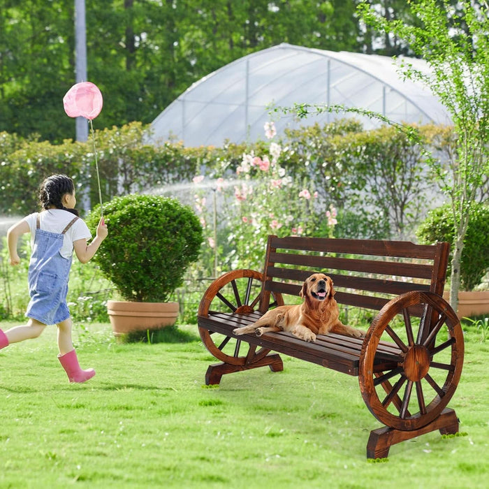 Outdoor Rustic Wooden Bench with Wagon Wheel Arms, 3 People Outdoor Bench Garden Bench Front Porch Furniture Patio Lawn Yard Park, Indoor and Ourdoor Decor